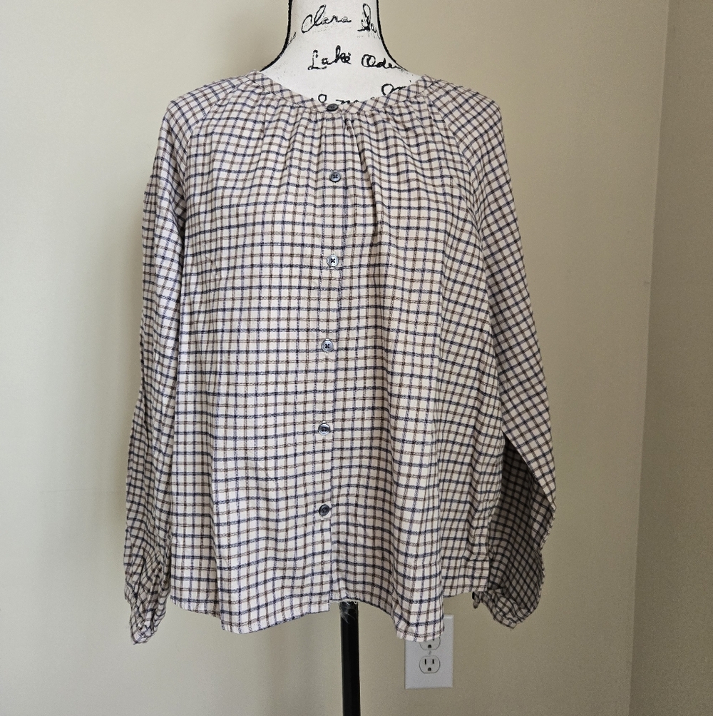 Banana Republic Peasant Top Womens L Check Plaid Cotton